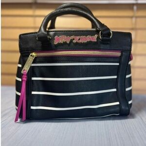 Betsey Johnson Striped Black and White Satchel with Pink Zipper